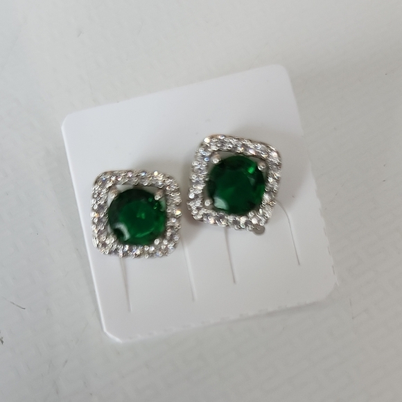 Silver and Green Emerald Stud Earrings with Crystal Halo - Picture 2 of 4